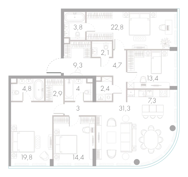 Планировка: 4-комнатная, 146 м²