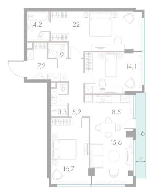 Планировка: 3-комнатная, 100,3 м²