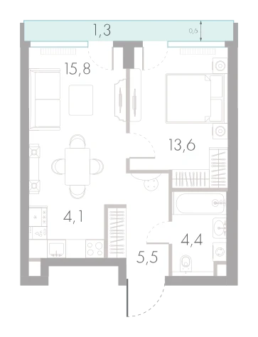 Планировка: 1-комнатная, 44,7 м²