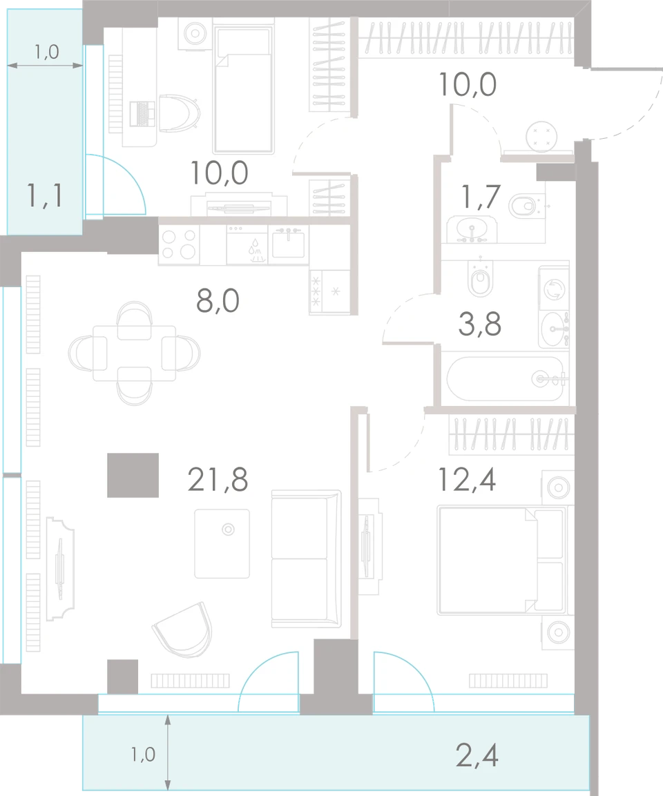 Планировка: 2-комнатная, 71,2 м²