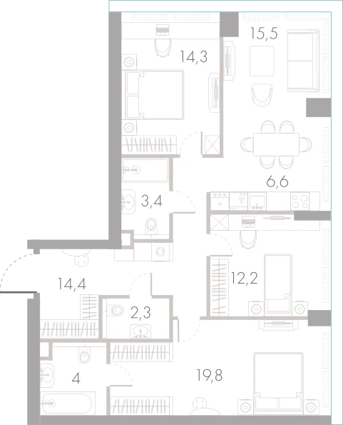 Планировка: 3-комнатная, 92,5 м²