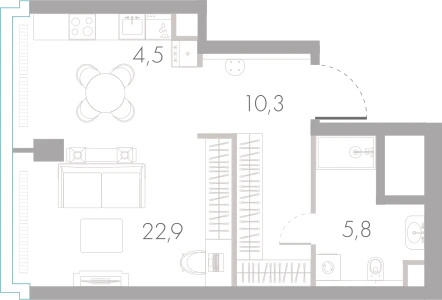 Планировка: Студия, 43,5 м²