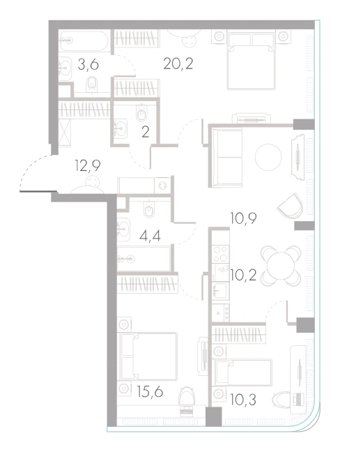 Планировка: 3-комнатная, 90,1 м²