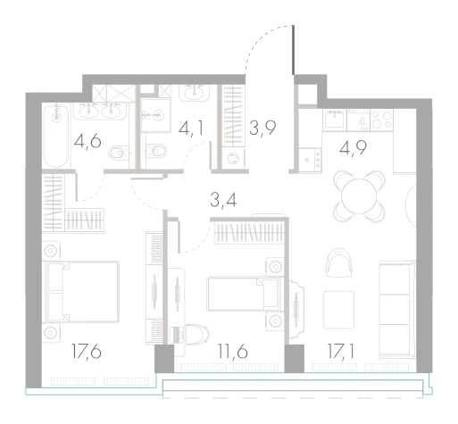 Планировка: 2-комнатная, 67,2 м²