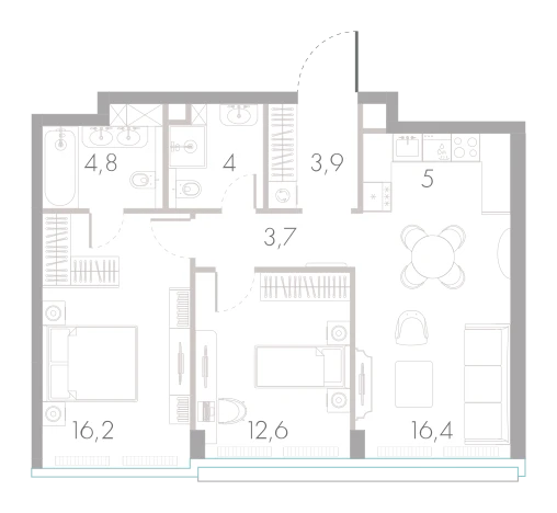 Планировка: 2-комнатная, 66,6 м²