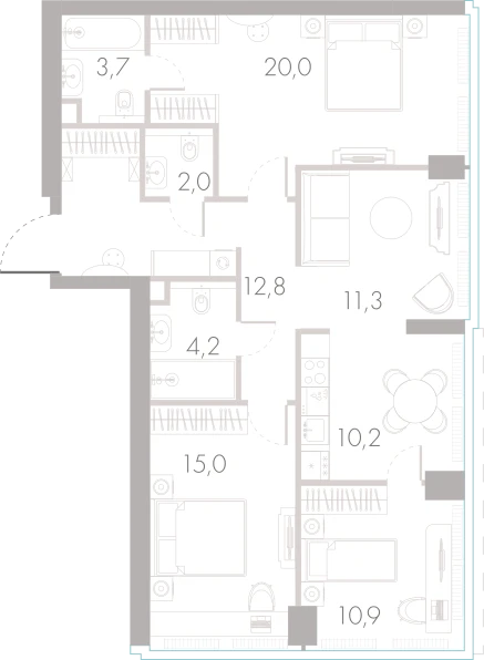 Планировка: 3-комнатная, 88 м²