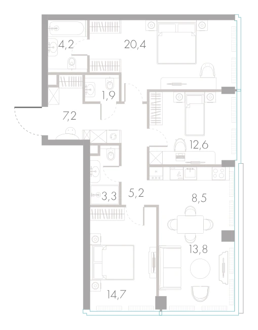 Планировка: 3-комнатная, 91,8 м²