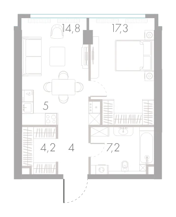 Планировка: 1-комнатная, 52,5 м²