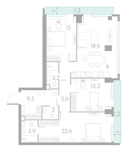 Планировка: 3-комнатная, 104,2 м²