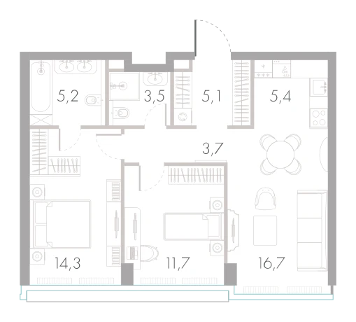 Планировка: 2-комнатная, 65,6 м²