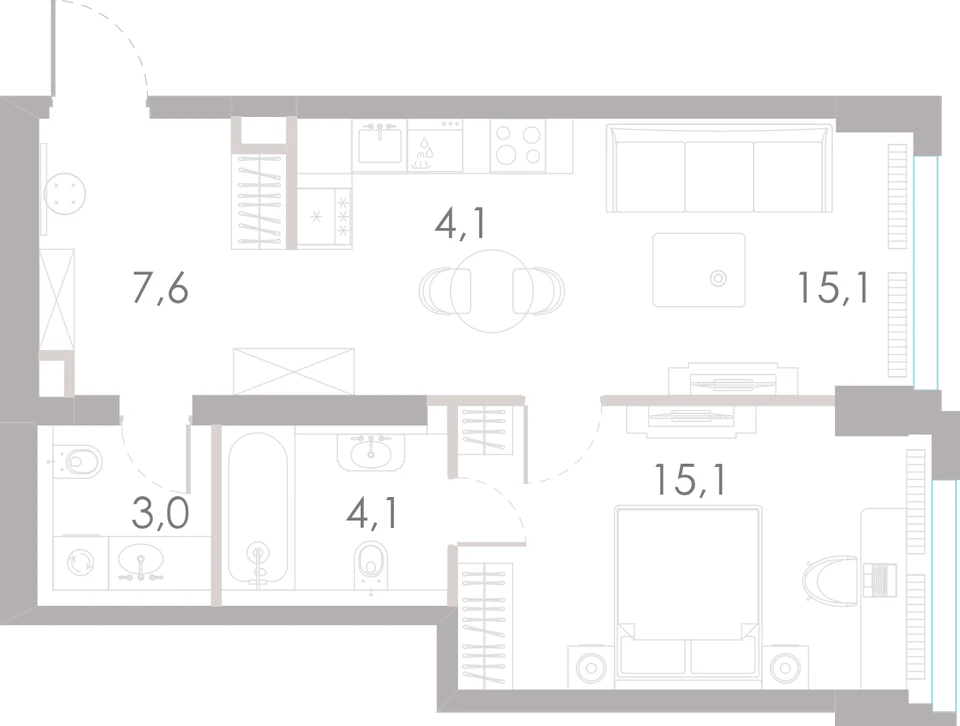 Планировка: 1-комнатная, 49 м²