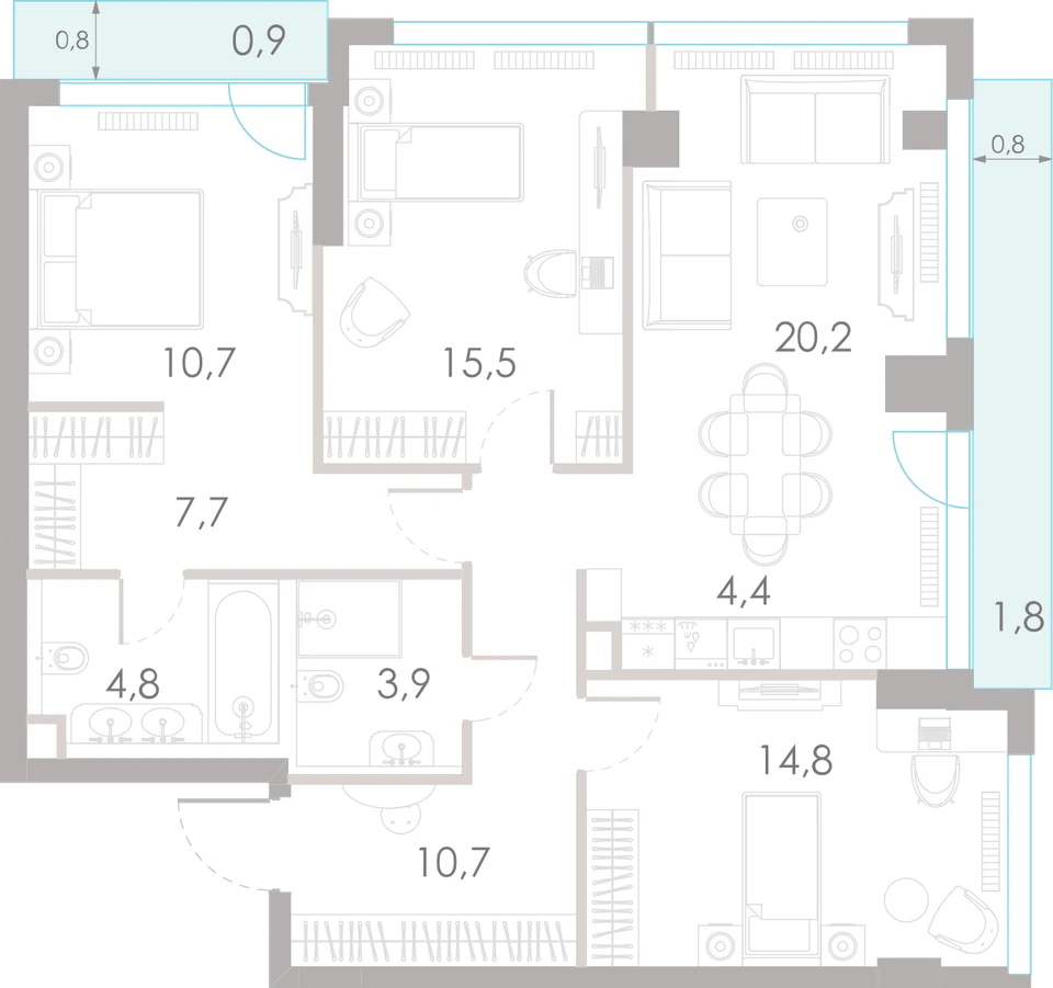 Планировка: 3-комнатная, 95,4 м²
