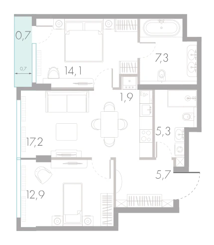 Планировка: 2-комнатная, 65,1 м²