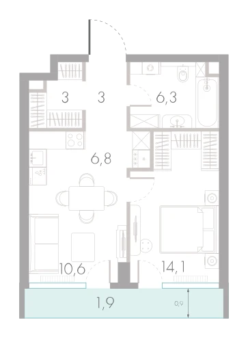 Планировка: 1-комнатная, 45,7 м²