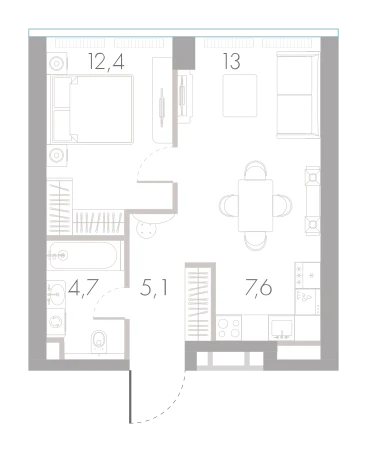 Планировка: 1-комнатная, 42,8 м²