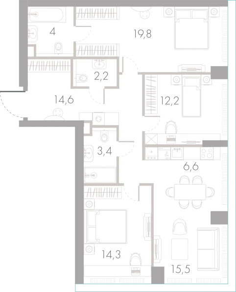 Планировка: 3-комнатная, 92,6 м²