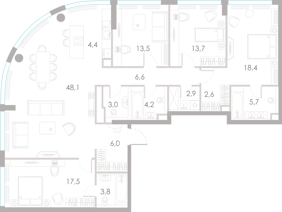 Планировка: 4-комнатная, 150,4 м²