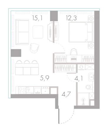Планировка: 1-комнатная, 42,1 м²