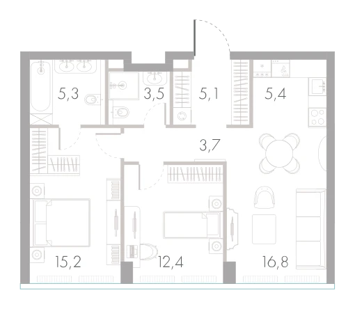 Планировка: 2-комнатная, 67,4 м²