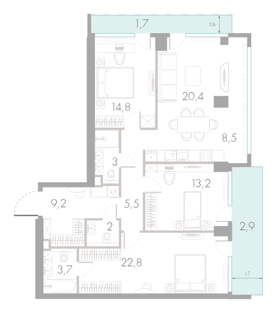 Планировка: 3-комнатная, 107,7 м²