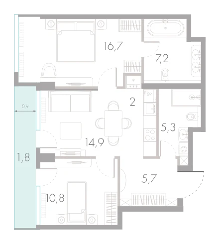 Планировка: 2-комнатная, 64,4 м²