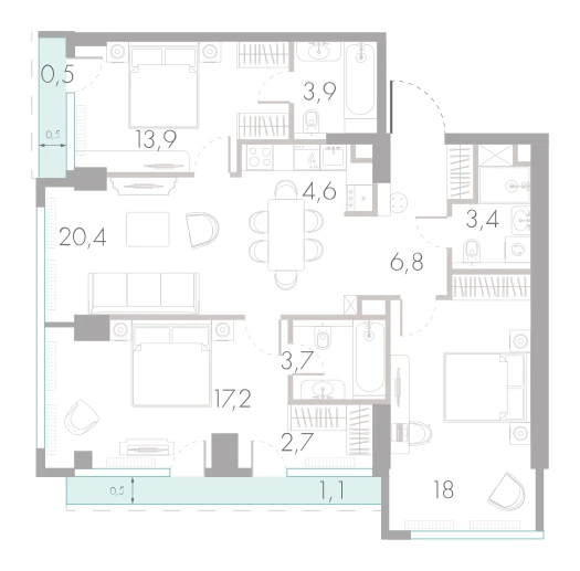 Планировка: 3-комнатная, 96,2 м²