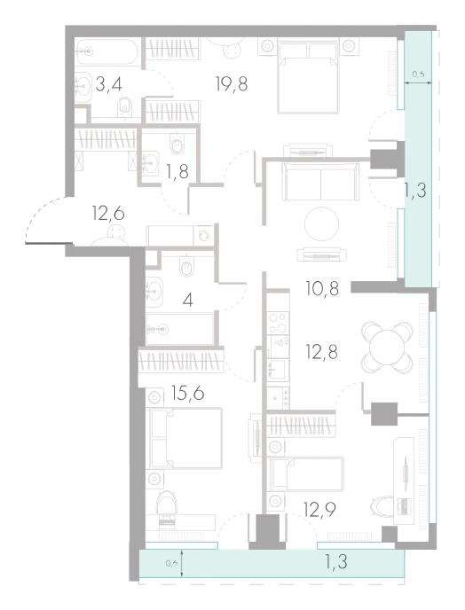 Планировка: 3-комнатная, 96,3 м²