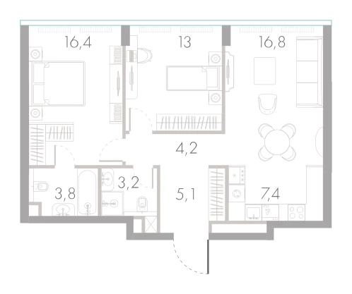 Планировка: 2-комнатная, 69,9 м²