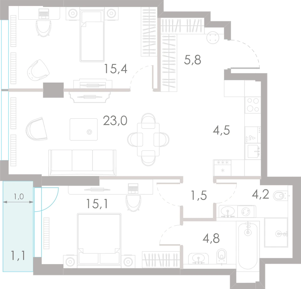 Планировка: 2-комнатная, 75,4 м²