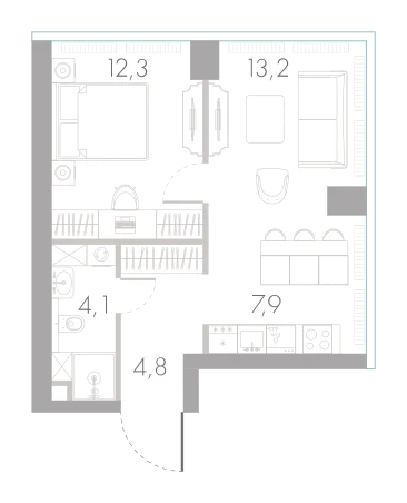 Планировка: 1-комнатная, 42,3 м²