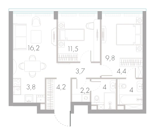 Планировка: 2-комнатная, 63,8 м²
