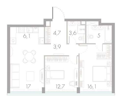 Планировка: 2-комнатная, 69,1 м²