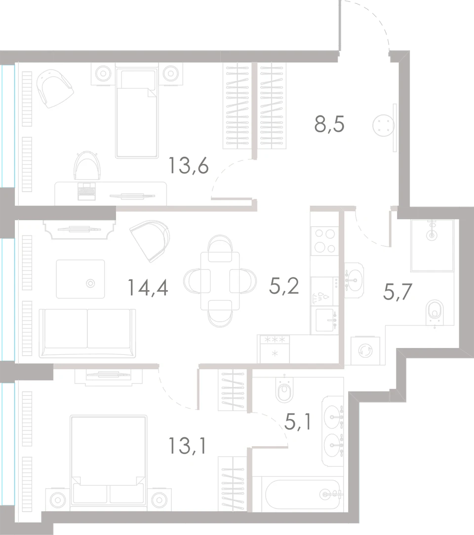 Планировка: 2-комнатная, 65,6 м²