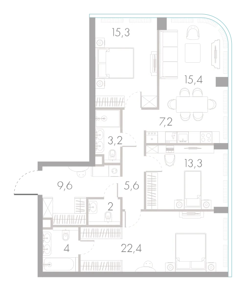 Планировка: 3-комнатная, 98 м²