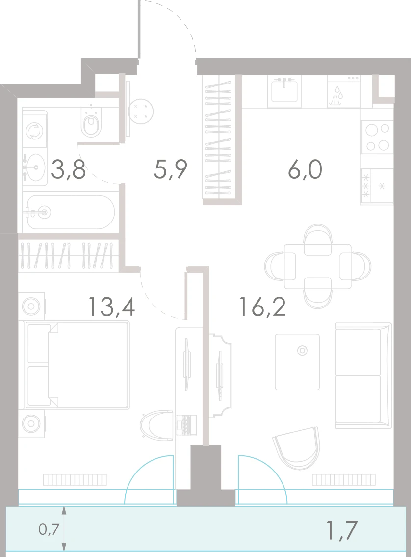 Планировка: 1-комнатная, 47 м²