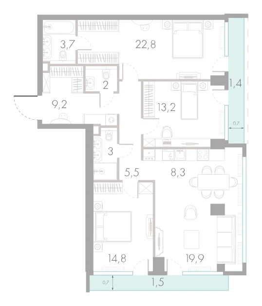 Планировка: 3-комнатная, 105,3 м²
