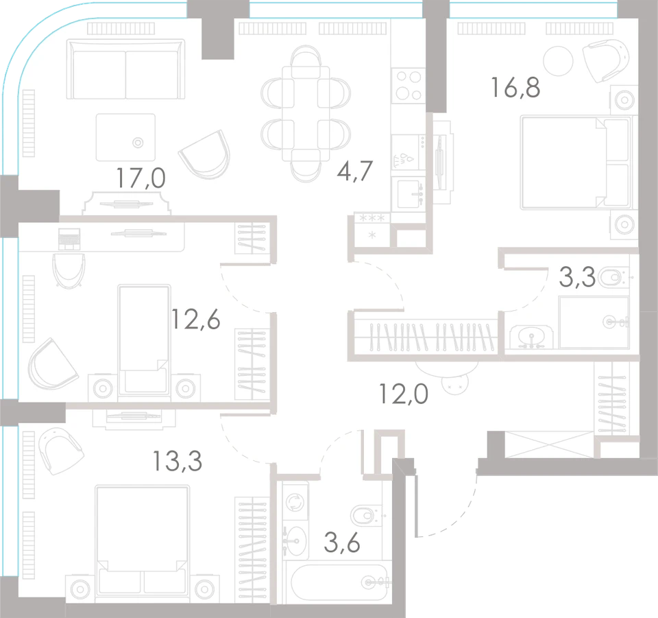 Планировка: 3-комнатная, 83,3 м²