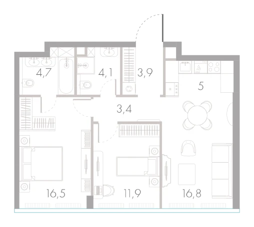 Планировка: 2-комнатная, 66,3 м²