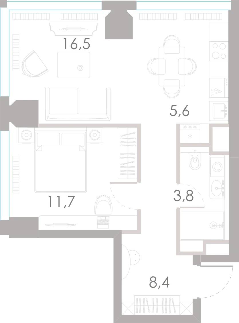 Планировка: 1-комнатная, 46 м²