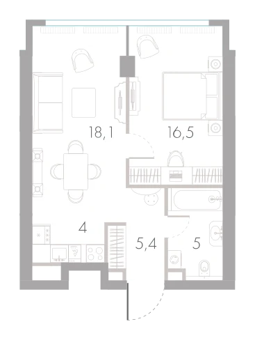 Планировка: 1-комнатная, 49 м²