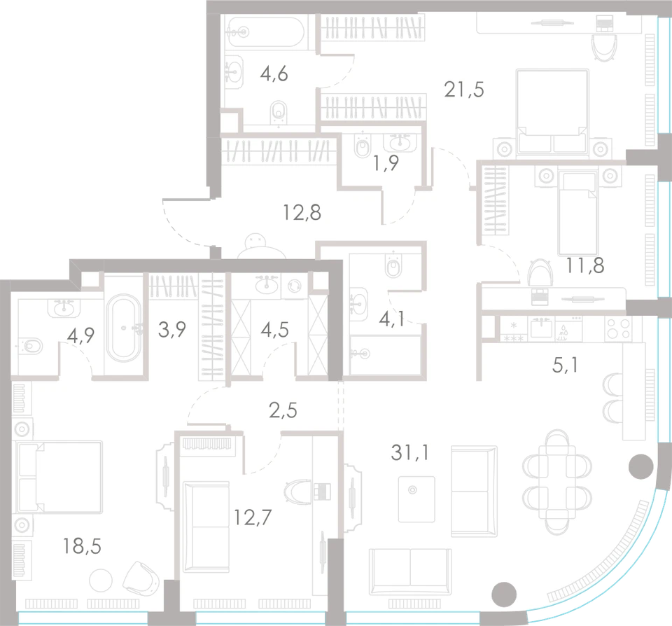Планировка: 4-комнатная, 139,9 м²