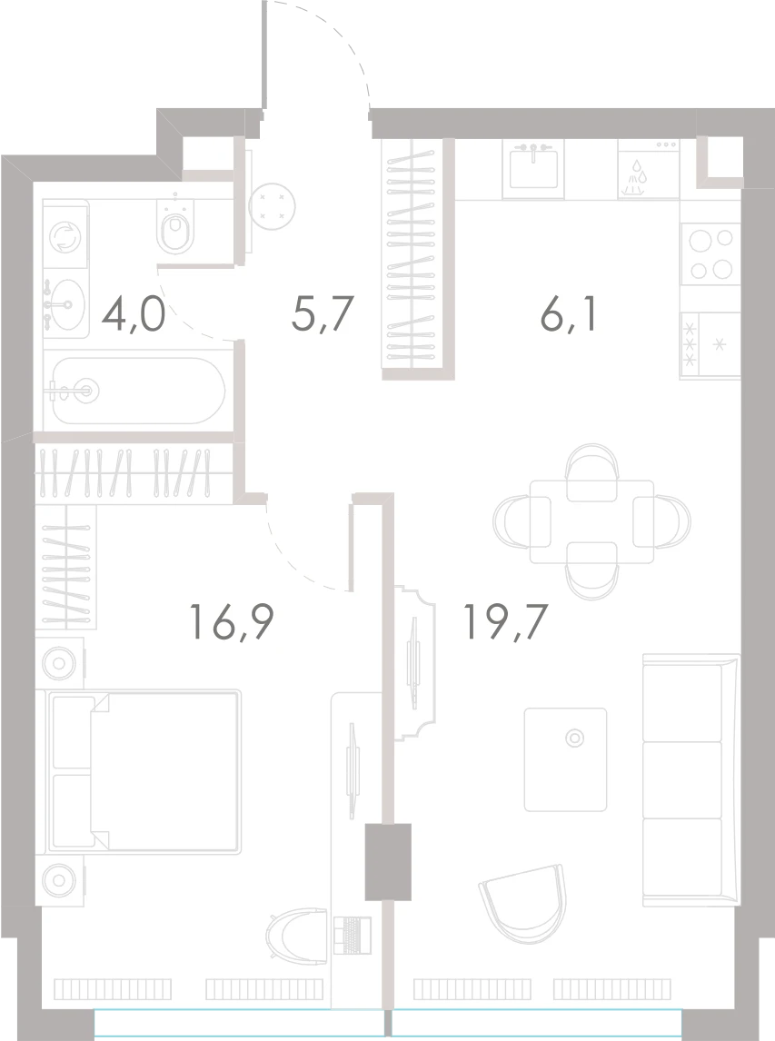 Планировка: 1-комнатная, 52,4 м²