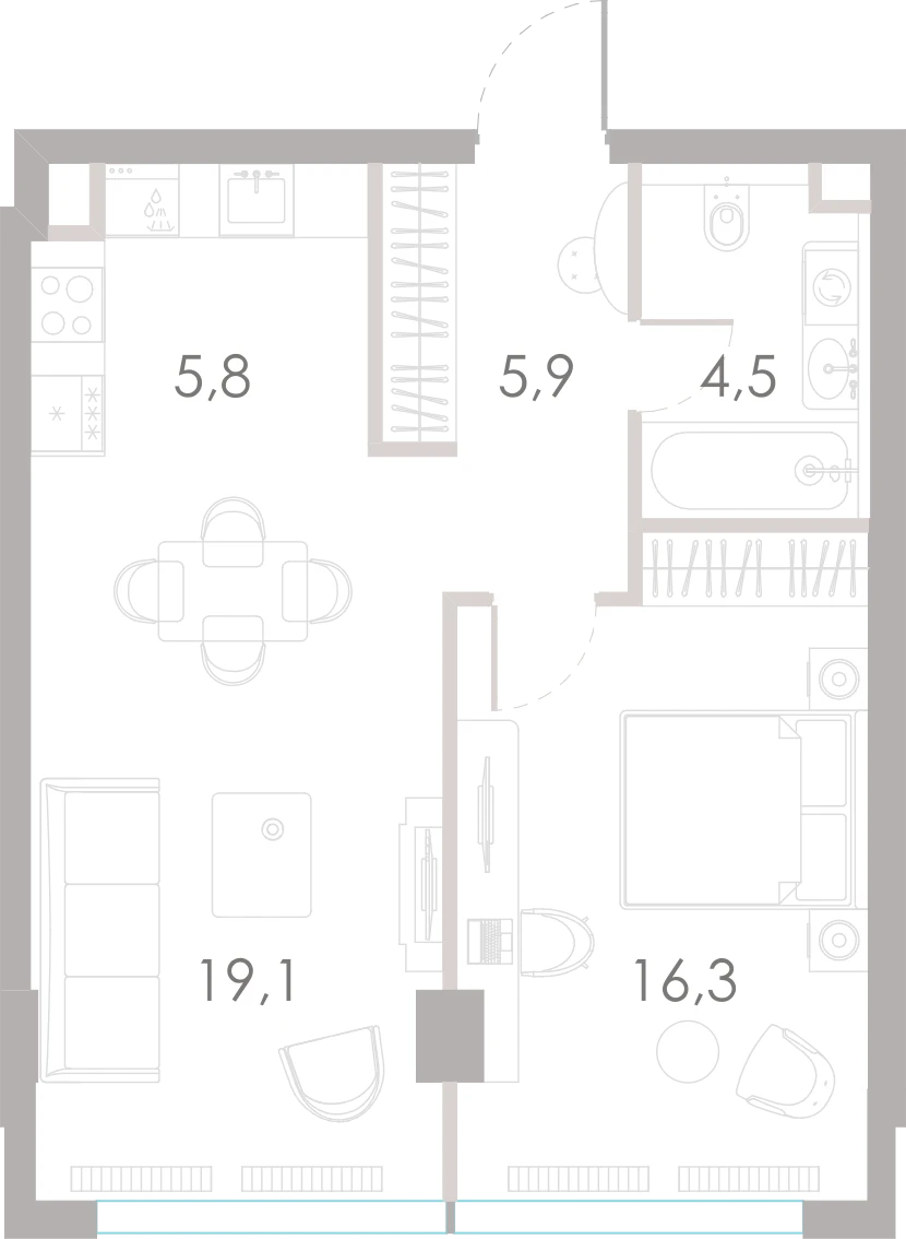 Планировка: 1-комнатная, 51,6 м²