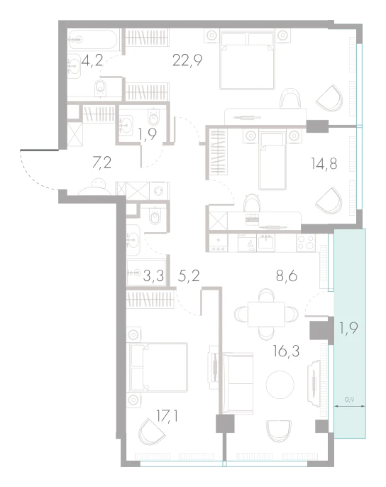 Планировка: 3-комнатная, 103,4 м²