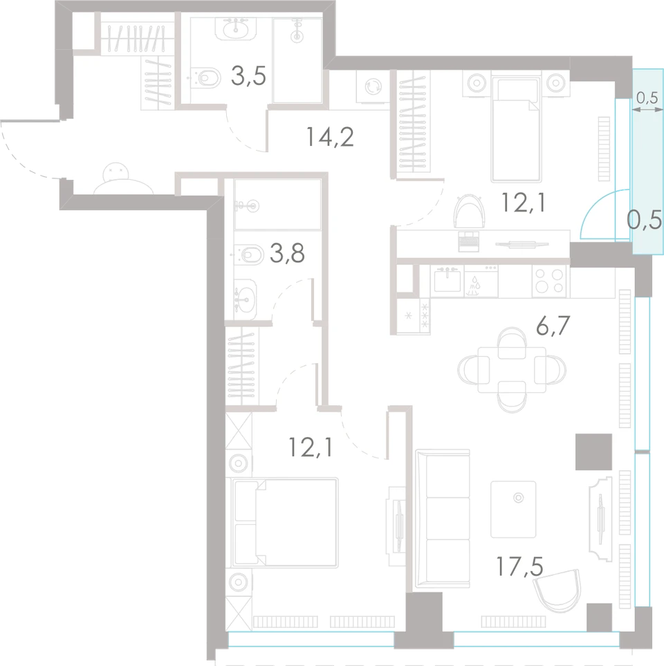 Планировка: 2-комнатная, 72,7 м²