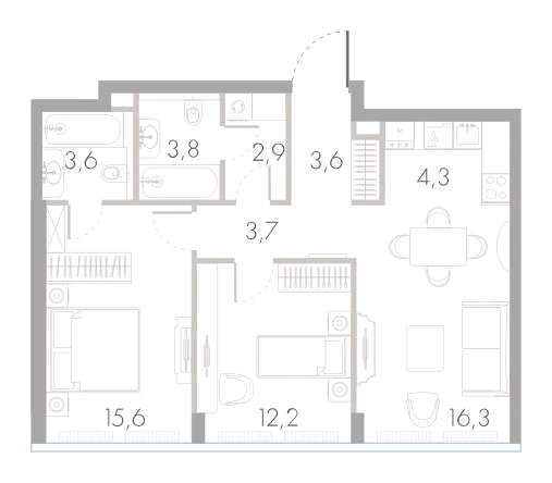 Планировка: 2-комнатная, 66 м²
