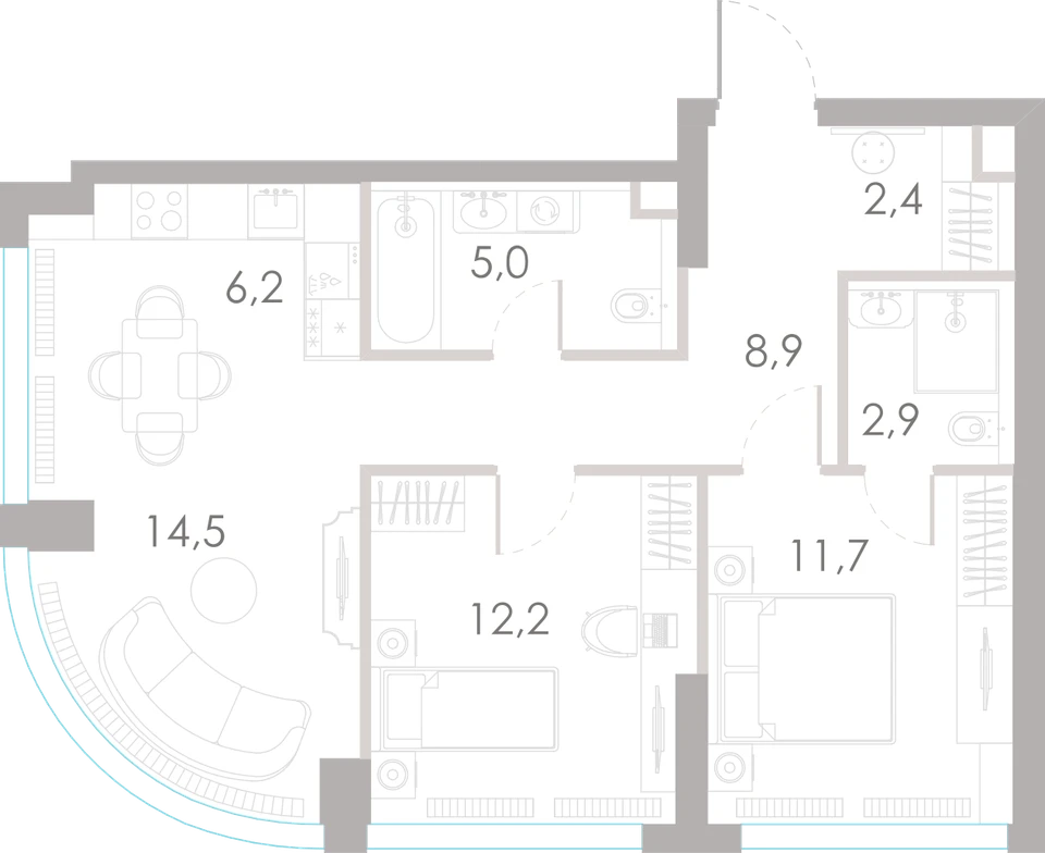 Планировка: 2-комнатная, 63,8 м²
