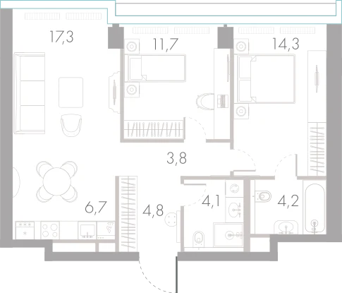 Планировка: 2-комнатная, 66,9 м²