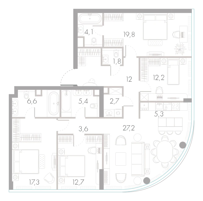 Планировка: 4-комнатная, 130,7 м²