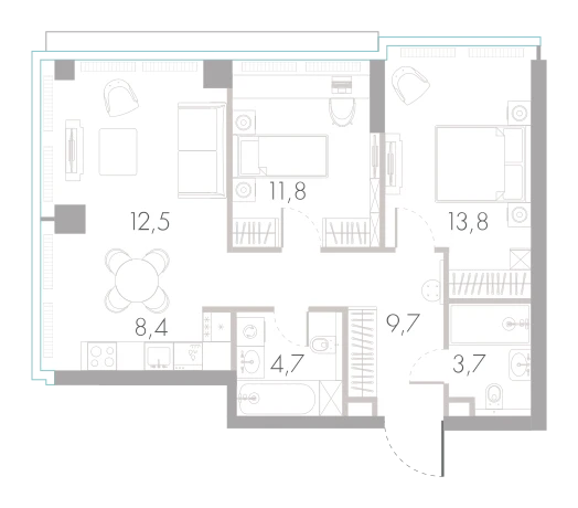 Планировка: 2-комнатная, 64,6 м²